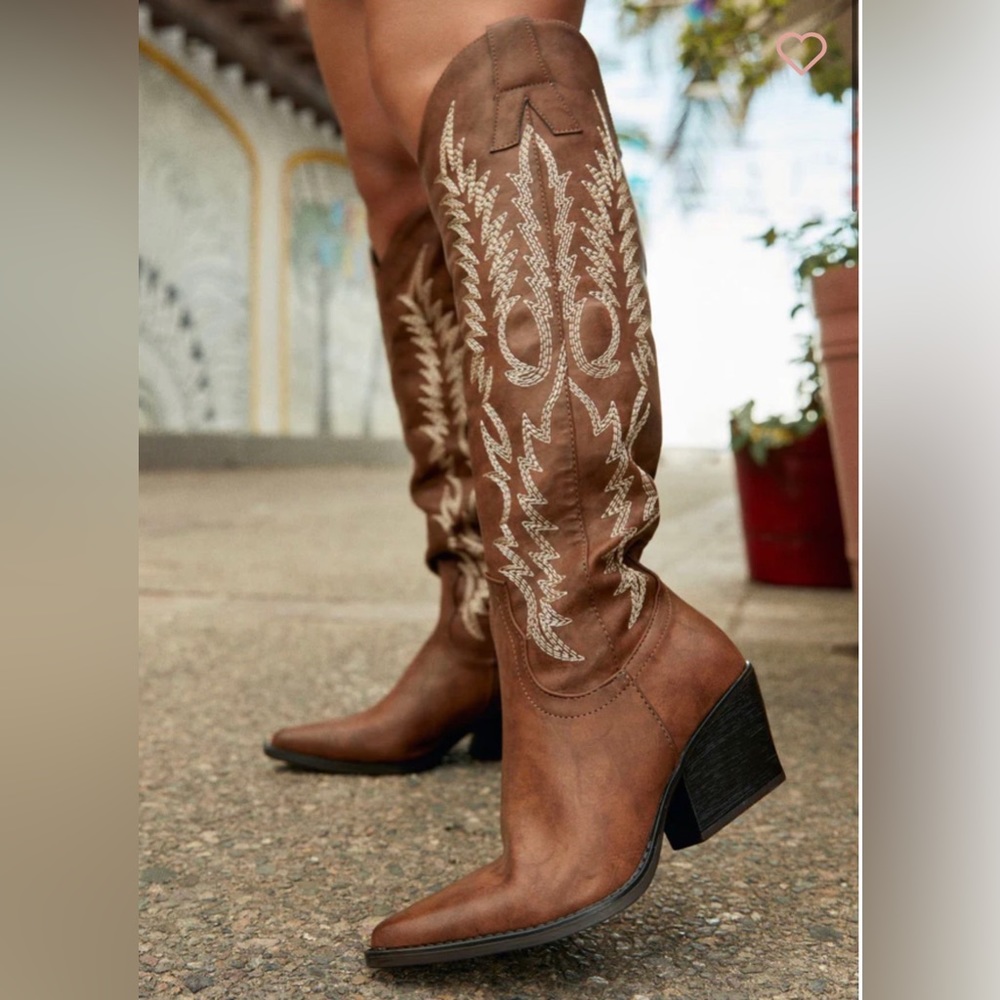 Brown Embroidered Western Heeled Boots - Women